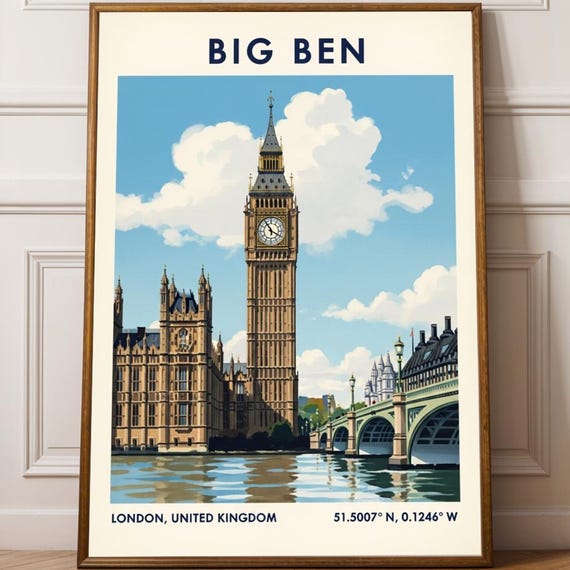 London Big Ben Poster Blue And Beige Landmark Print Contemporary Travel Art For Enthusiasts Illustration Decor