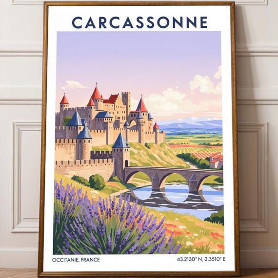 Carcassonne Medieval Fortress Poster French Landscape Art Lavender And Red Illustration Travel Enthusiast Decor