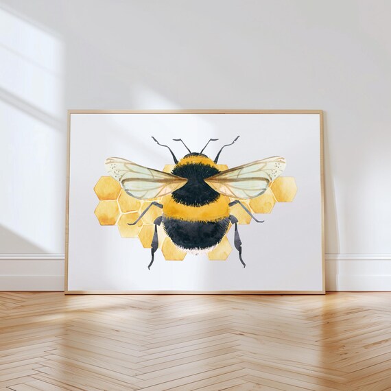 Watercolor Bumblebee On Golden Honeycomb Nursery Bee Art Print