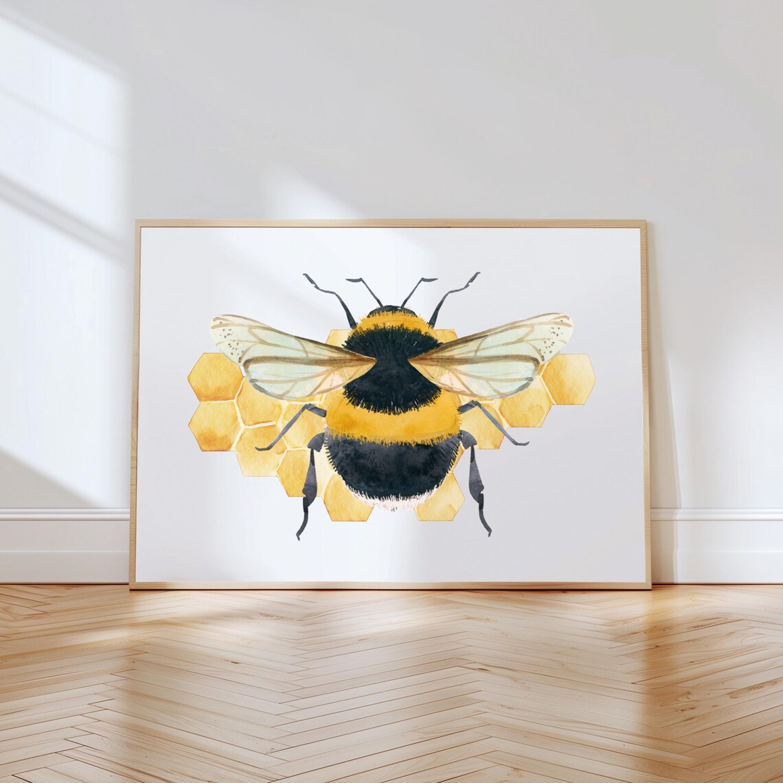 Watercolor Bumblebee On Golden Honeycomb Nursery Bee Art Print