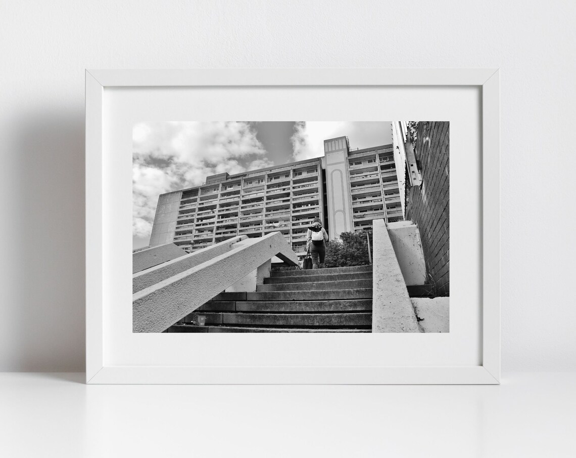 Brutalist Council Estate Concrete Stairs Black and White Photo Poster