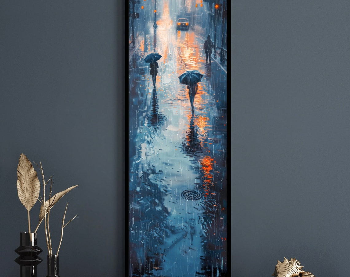 Rainy City Night Umbrellas Reflections Vertical Urban Travel Poster