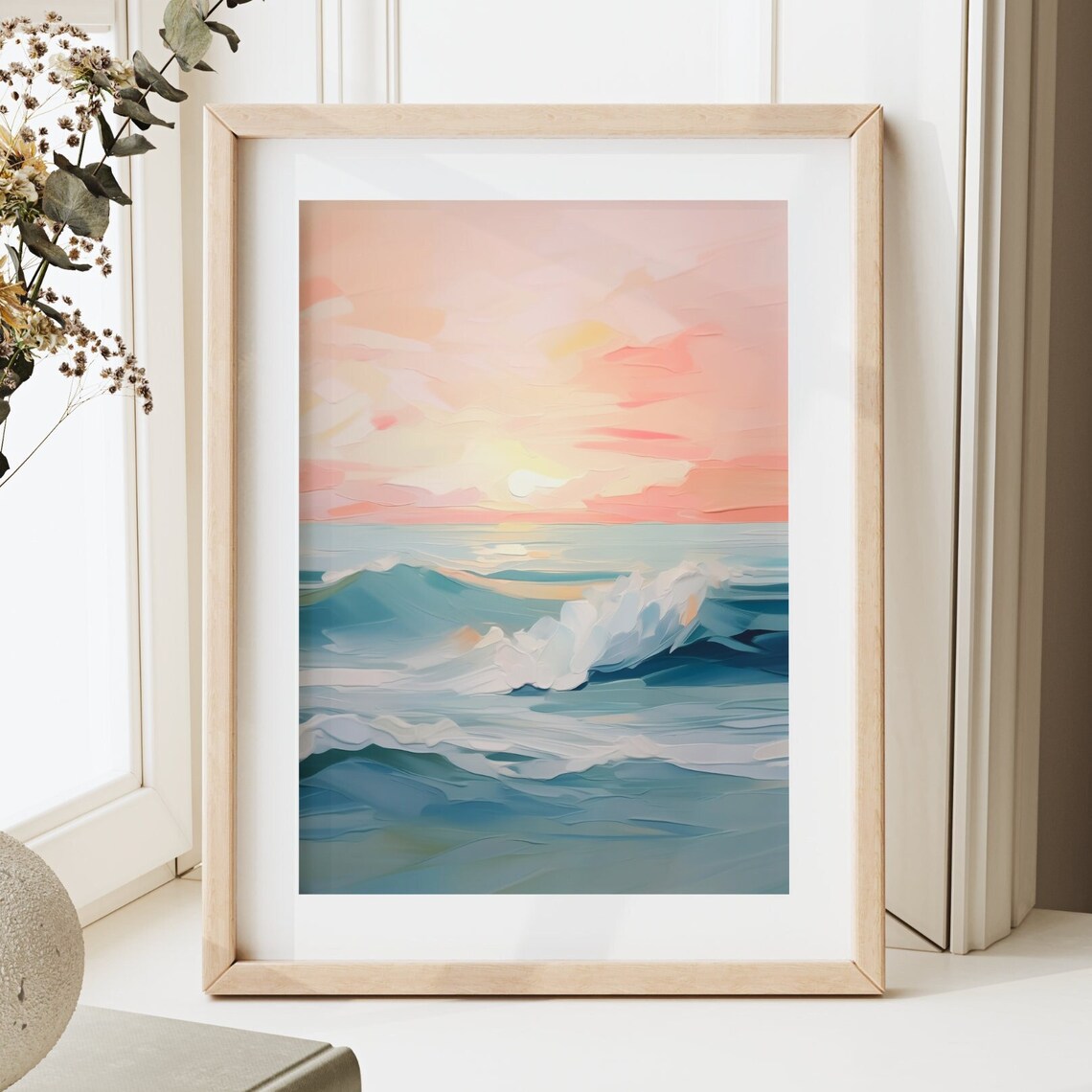 Abstract Ocean Waves Sunset Pink Teal Coastal Beach Art Poster