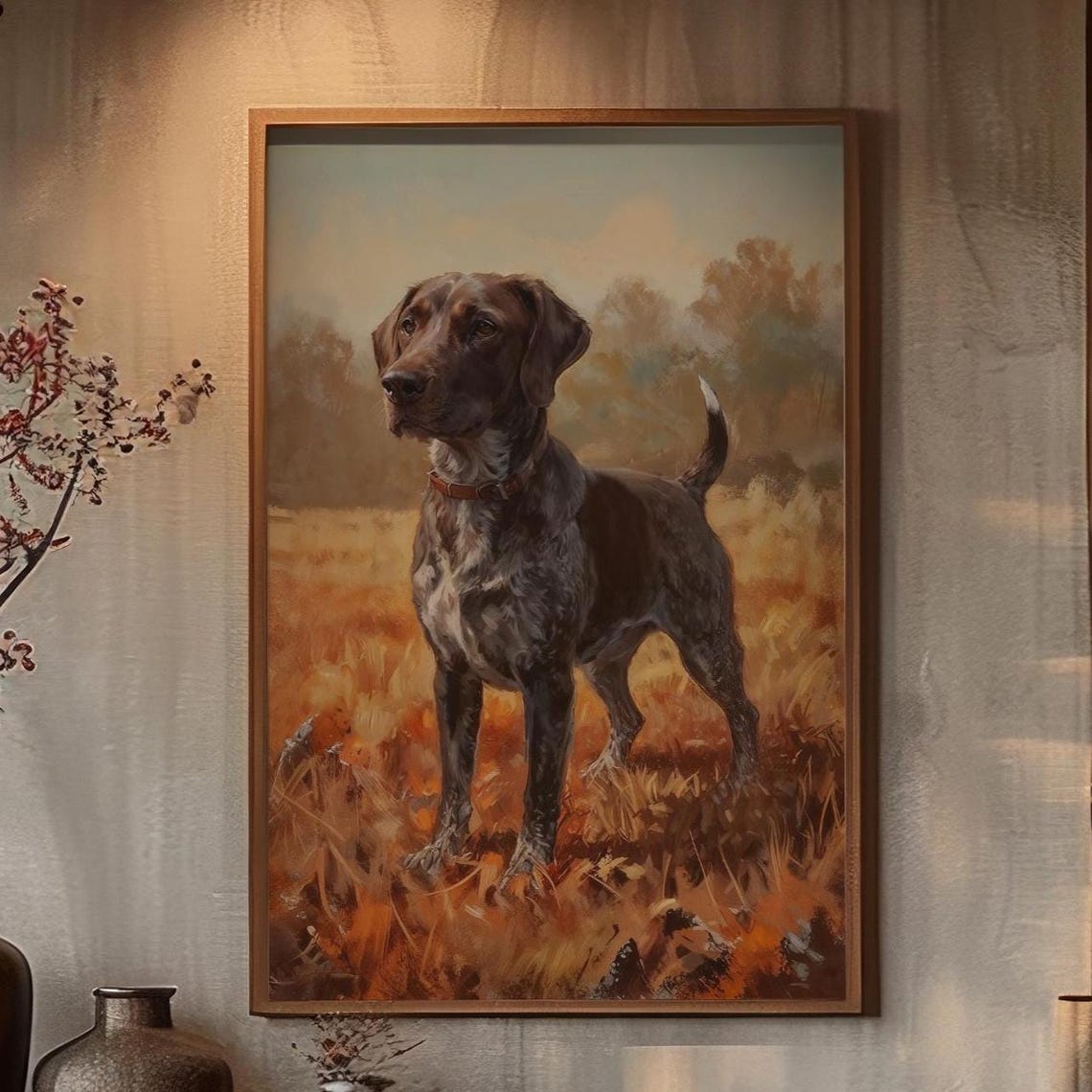 German Shorthaired Pointer Rustic Painting in Autumn Field Print