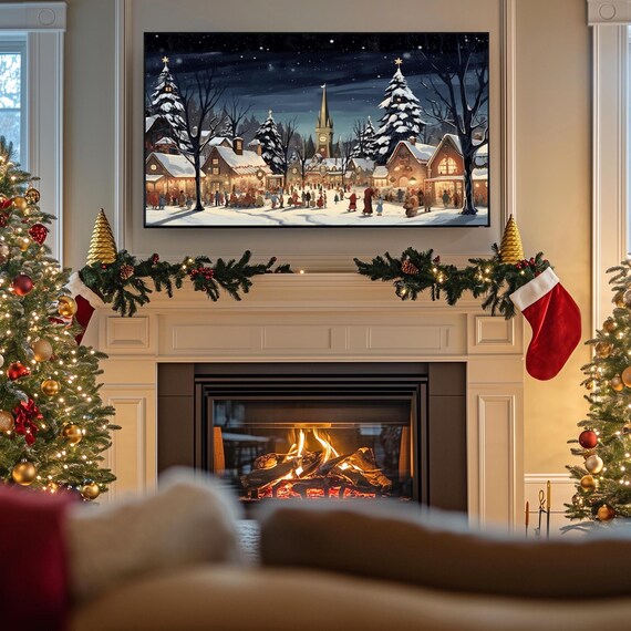 Festive Village Christmas Night With Church Holiday Scene Poster