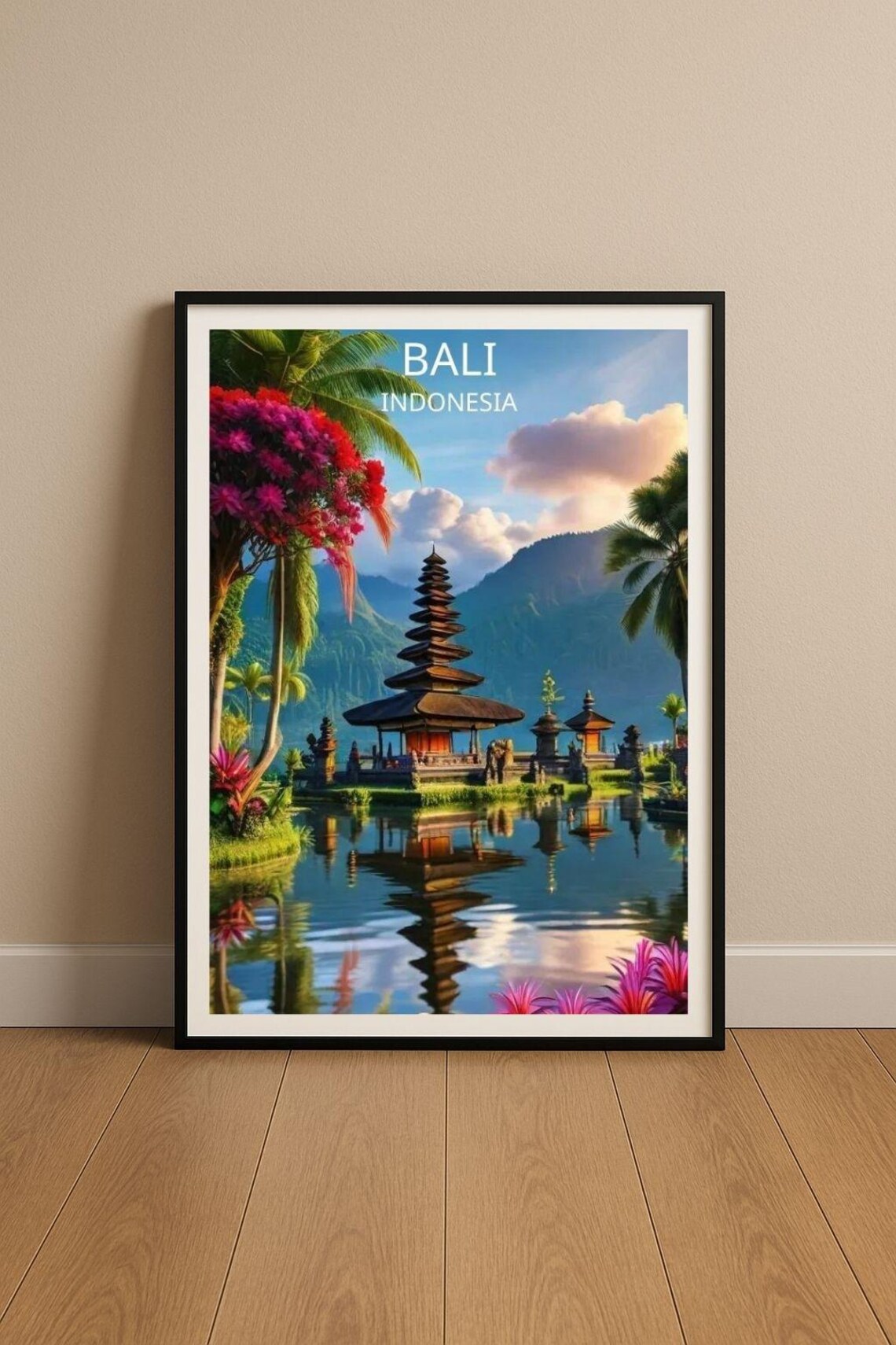 Bali Indonesia Temple On The Lake Tropical Travel Art Poster