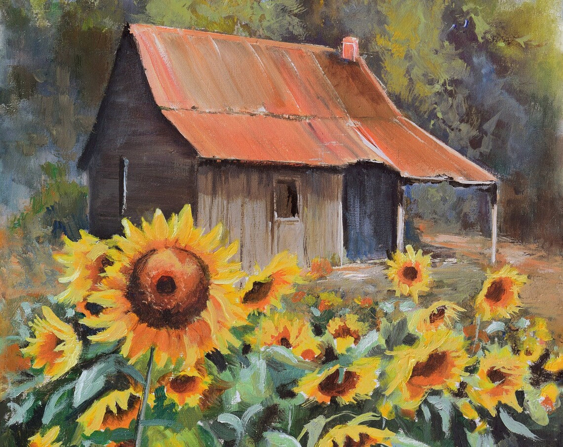 Sunflower Field in Front of a Rustic Cabin with a Red Tin Roof Poster