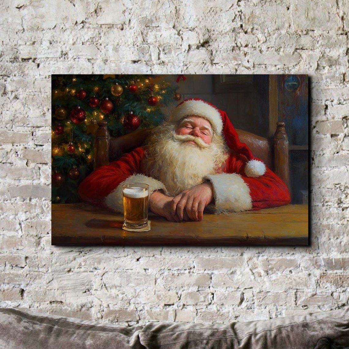 Sleepy Santa Napping With Beer By Christmas Tree Funny Art Poster