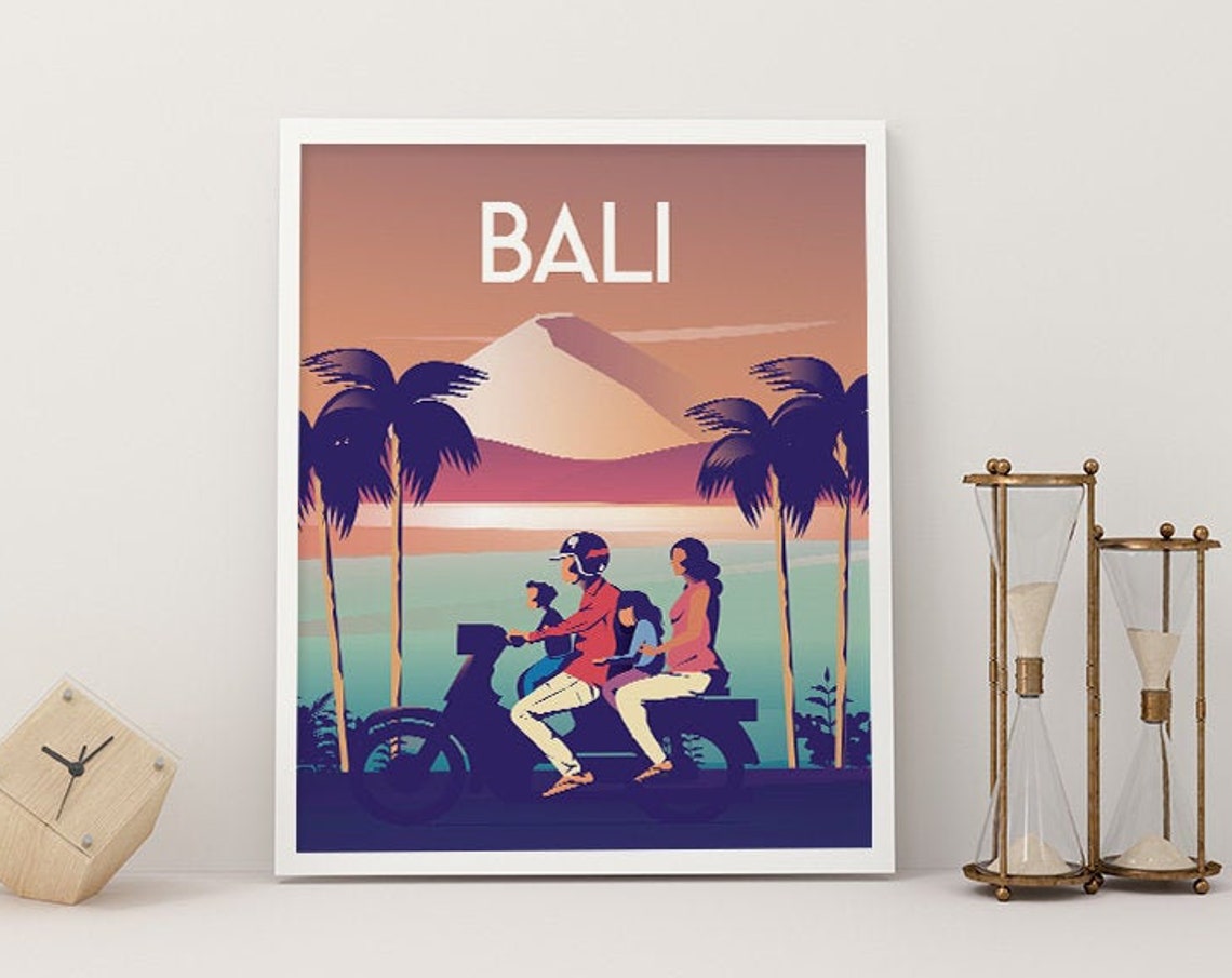 Bali Indonesia Scooter Family Palms Volcano Sunset Travel Poster