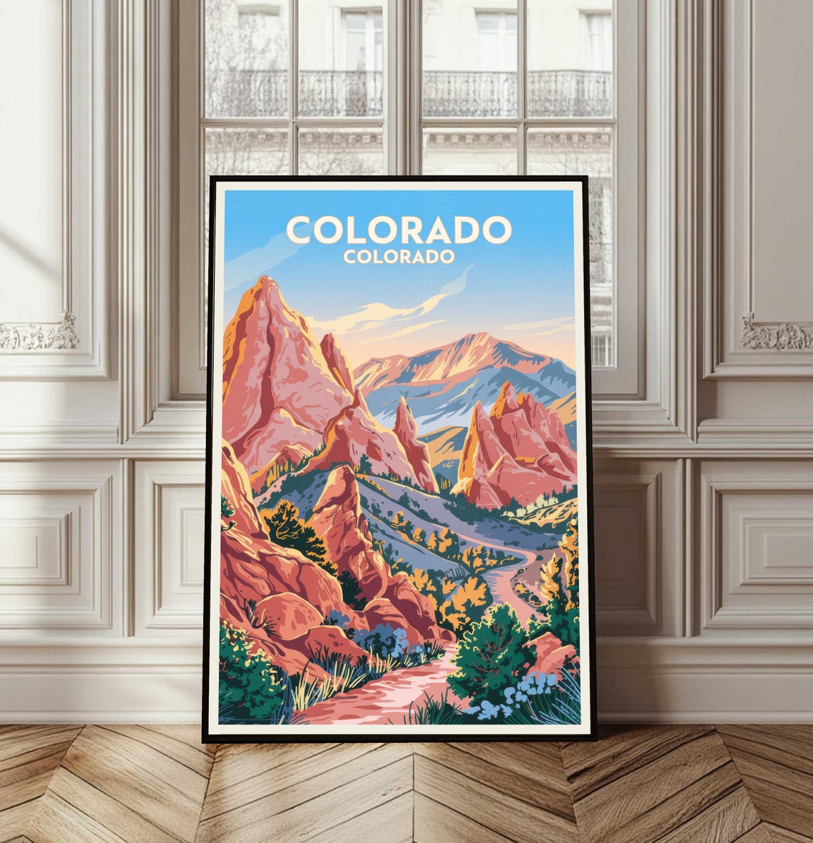 Colorado Red Rock Mountain Peaks Scenic Retro Travel Style Poster