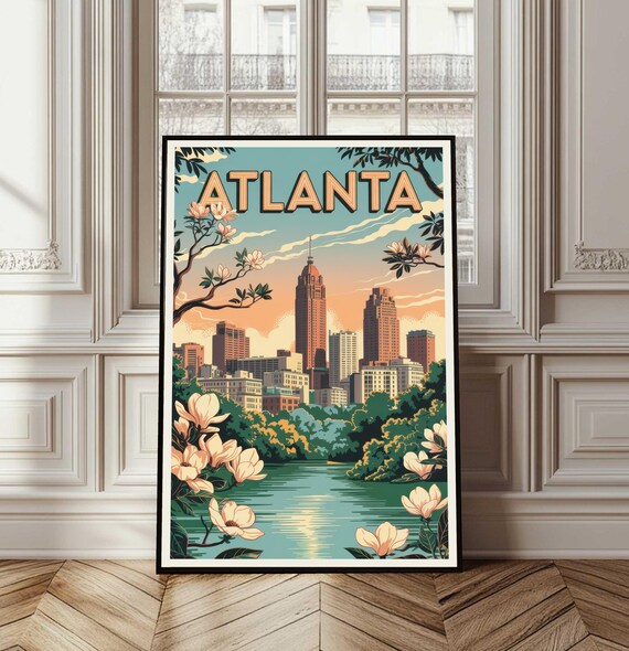 Atlanta Georgia Skyline Sunset Magnolia Blossoms Travel Poster