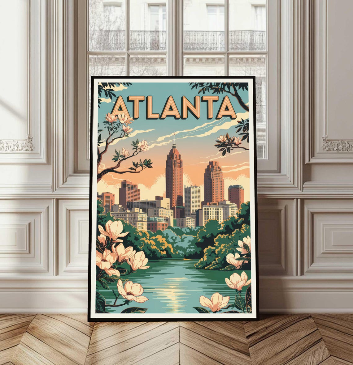 Atlanta Georgia Skyline Sunset Magnolia Blossoms Travel Poster