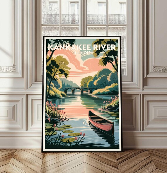 Kankakee River Illinois Canoe Sunset Vintage Travel Poster Art