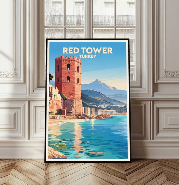 Red Tower Poster Turkey Travel Print City Decor Wall Art Illustration Home