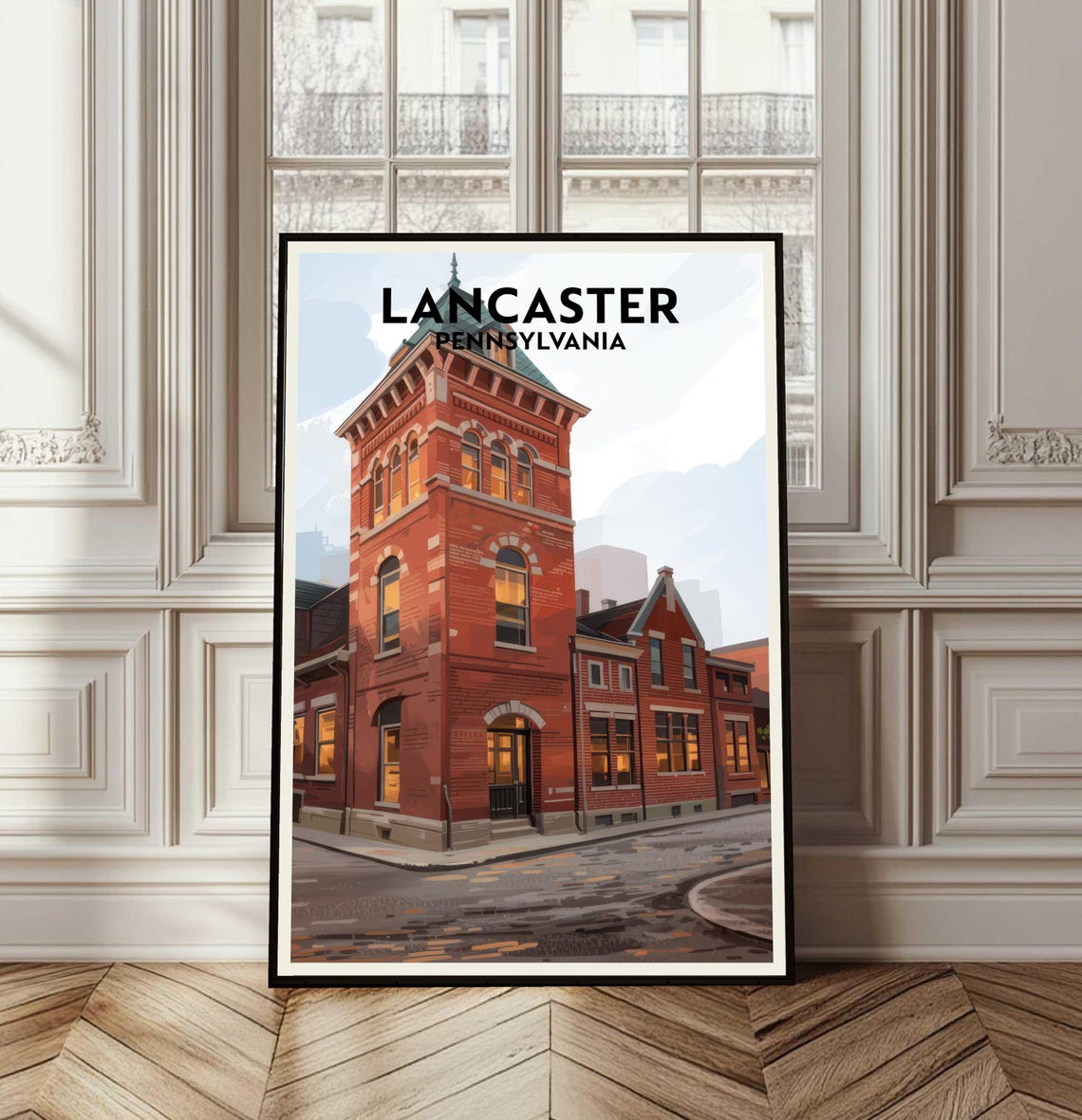 Lancaster Pennsylvania Retro Travel Poster Historic Brick Building