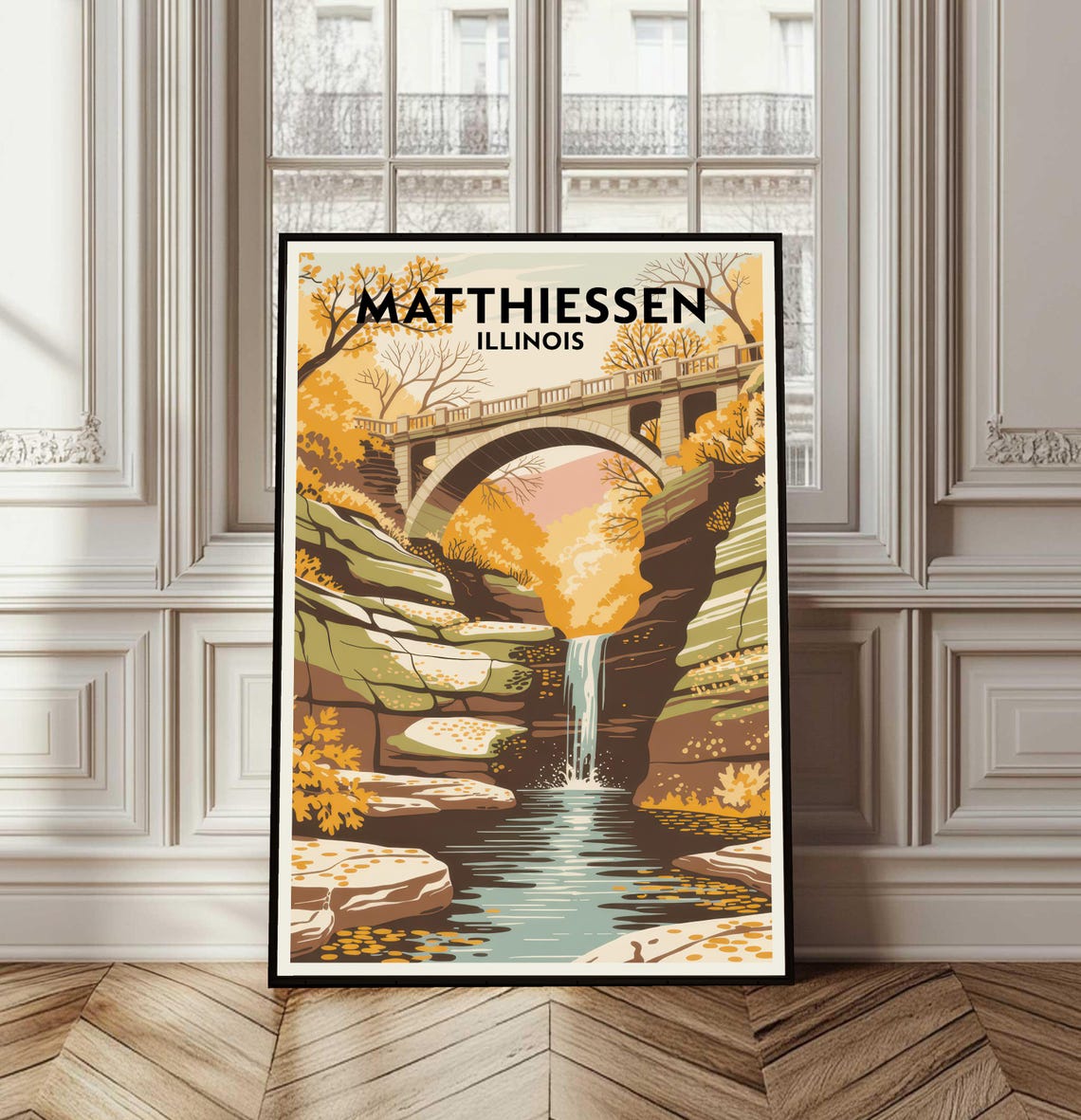 Matthiessen Illinois Autumn Canyon Stone Bridge Waterfall Poster