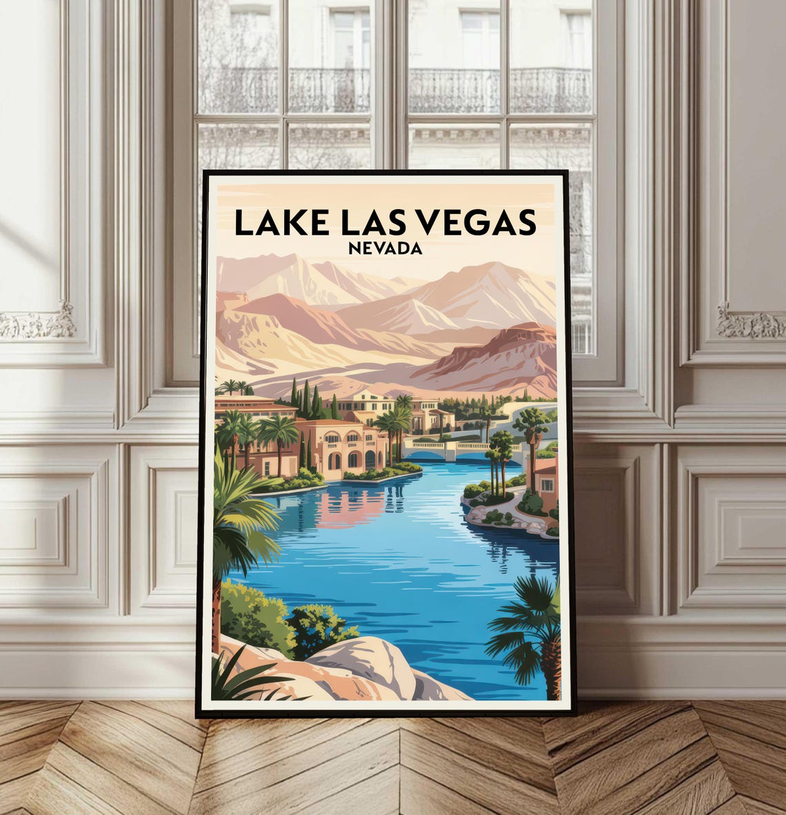 Lake Las Vegas Nevada Retro Travel Poster Resort Mountain Lake Art