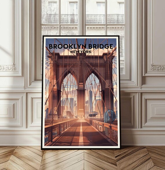 Brooklyn Bridge New York City Sunset Vintage Travel Art Poster