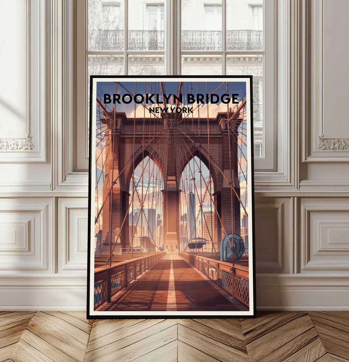 Brooklyn Bridge New York City Sunset Vintage Travel Art Poster
