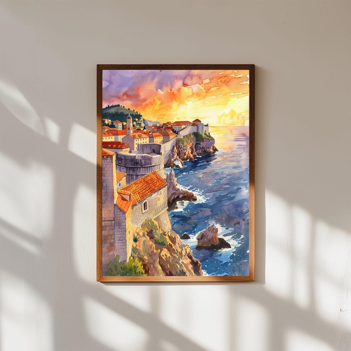 Dubrovnik Croatia Old Town Cliff Sunset Watercolor Art Print