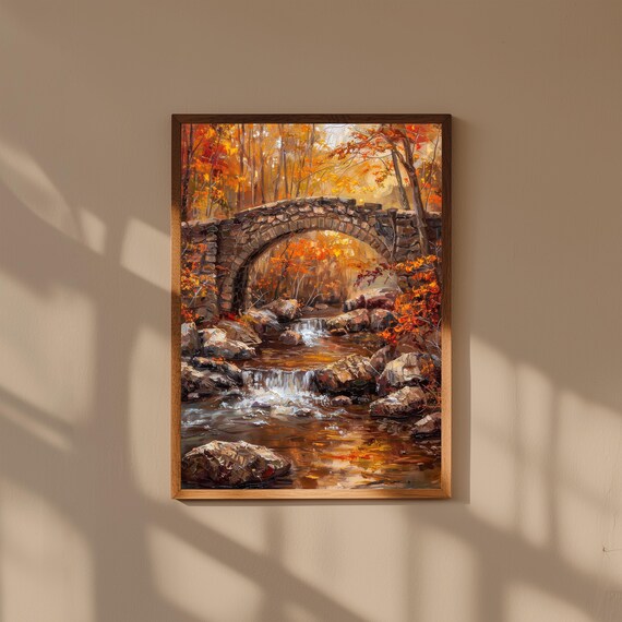 Old Stone Bridge Over Autumn Stream Red Orange Foliage Oil Painting Poster