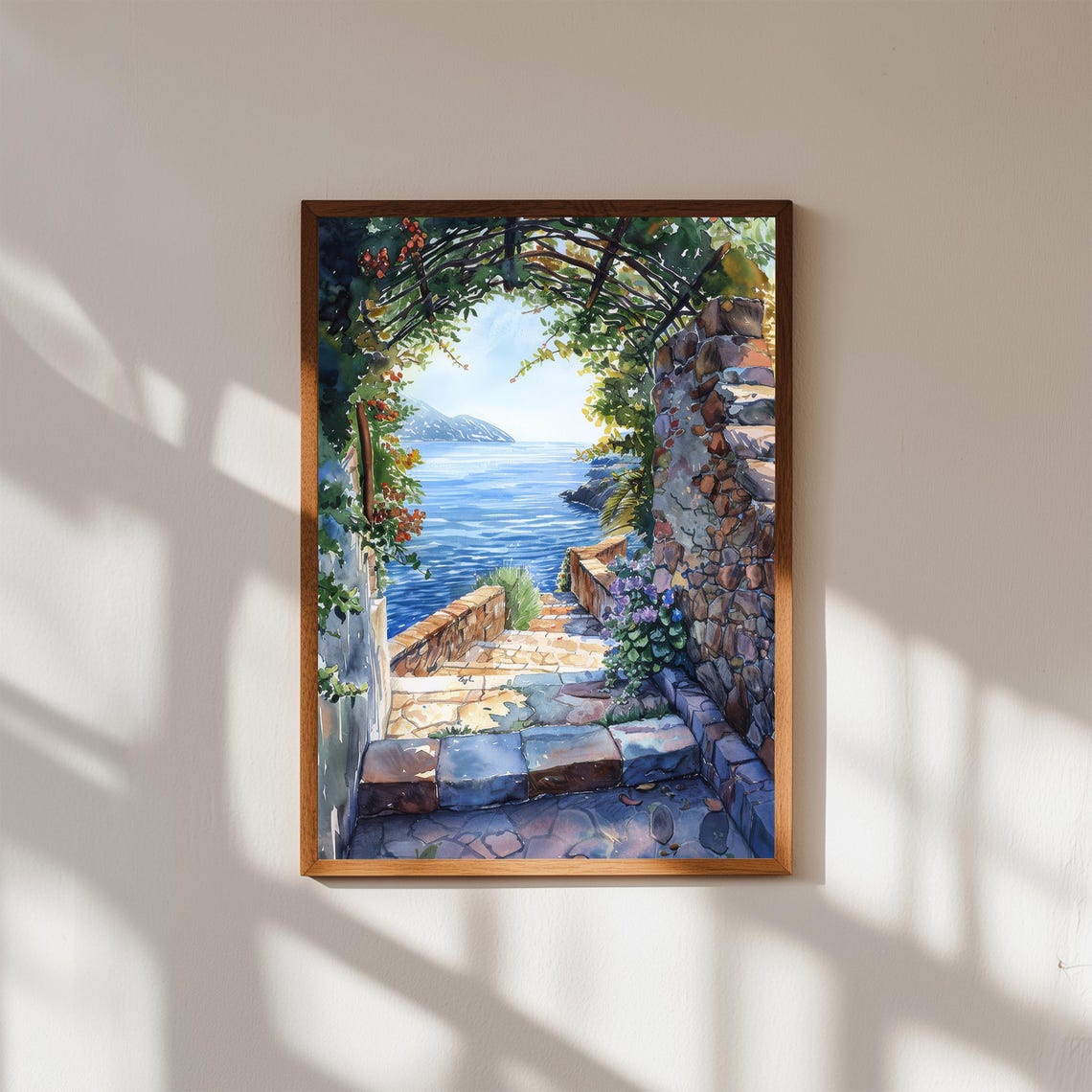 Mediterranean Coast Stone Steps Sea View Watercolor Travel Poster