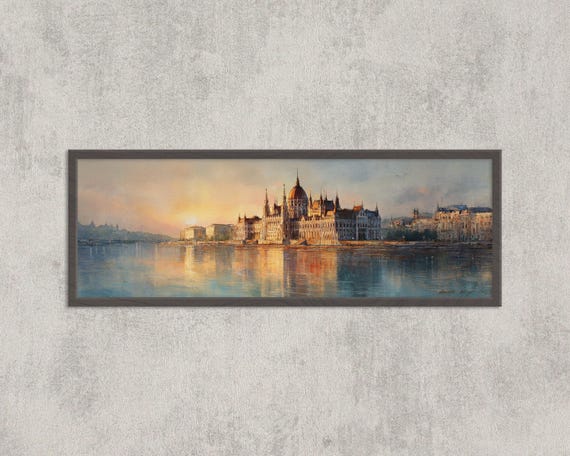 Budapest Parliament Sunrise Print Panoramic Watercolor Cityscape Wall Art