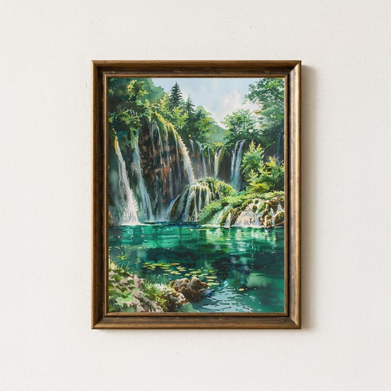 Plitvice Lakes Watercolor Autumn Wall Art Print Croatia Waterfall Landscape Painting Nature Scenic Poster