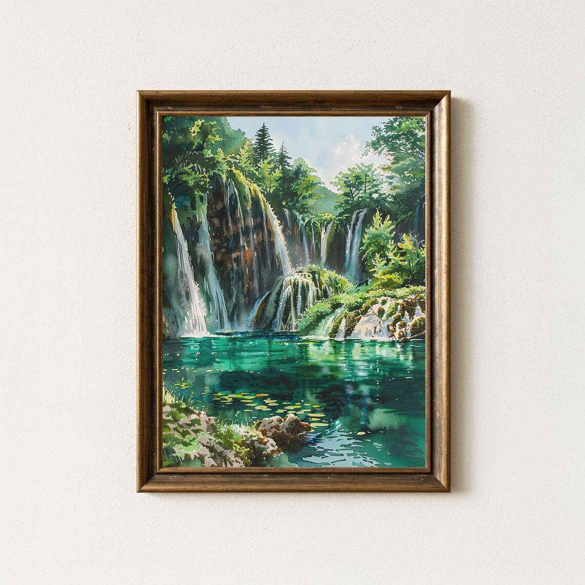 Plitvice Lakes Croatia Autumn Waterfalls Watercolor Wall Art