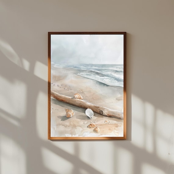 Beach Driftwood Seashells Watercolor Soft Shore Coastal Ocean Art Print