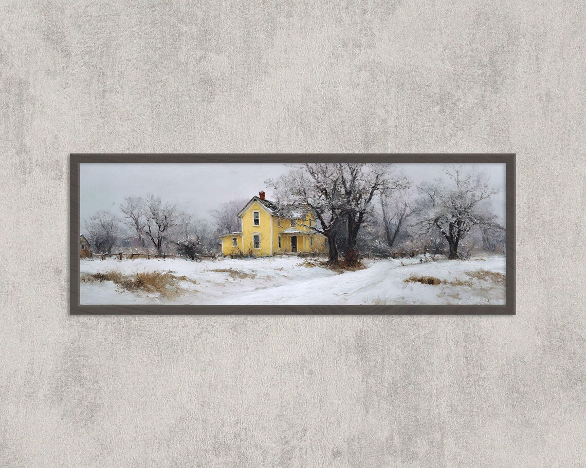 Yellow Farmhouse Winter Snow Country House Panoramic Art Poster