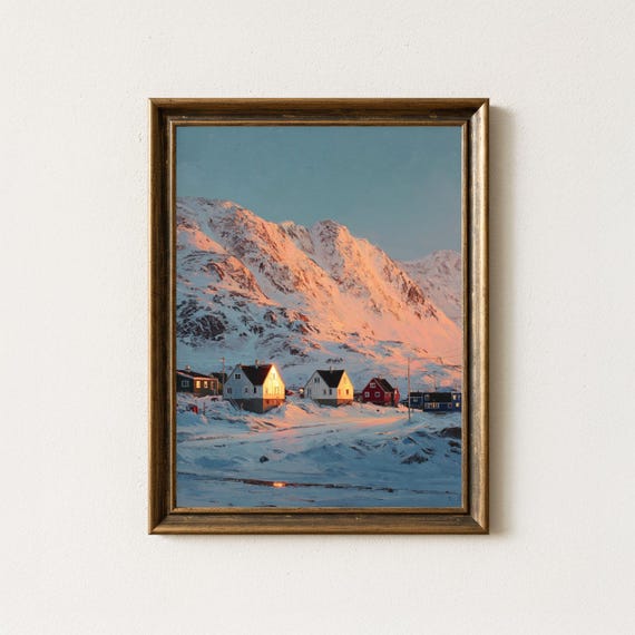 Greenland Winter Art Print Arctic Village Snow Mountain Sunset