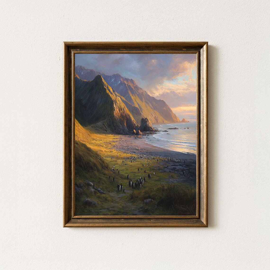 Macquarie Island Penguin Colony Sunset Beach Golden Shore Oil Painting Poster