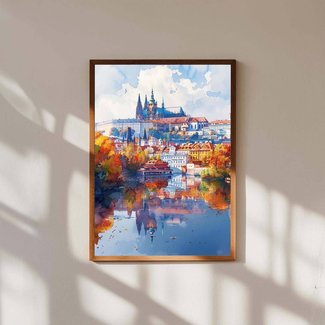Prague Castle Watercolor Autumn River Reflection Cityscape Poster