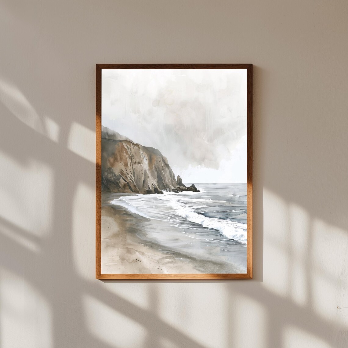Neutral Coastal Cliffside Watercolor Ocean Waves Seascape Poster