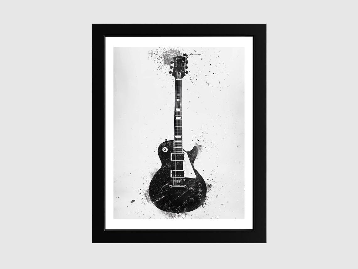 Black Les Paul Style Guitar on White Ink Splatter Music Poster