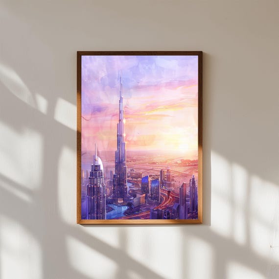 Burj Khalifa Watercolor Print Dubai Sunset Cityscape Art