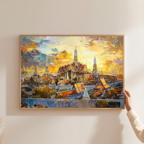 Bangkok Grand Palace Golden Temple Sunset Oil Art Style Poster