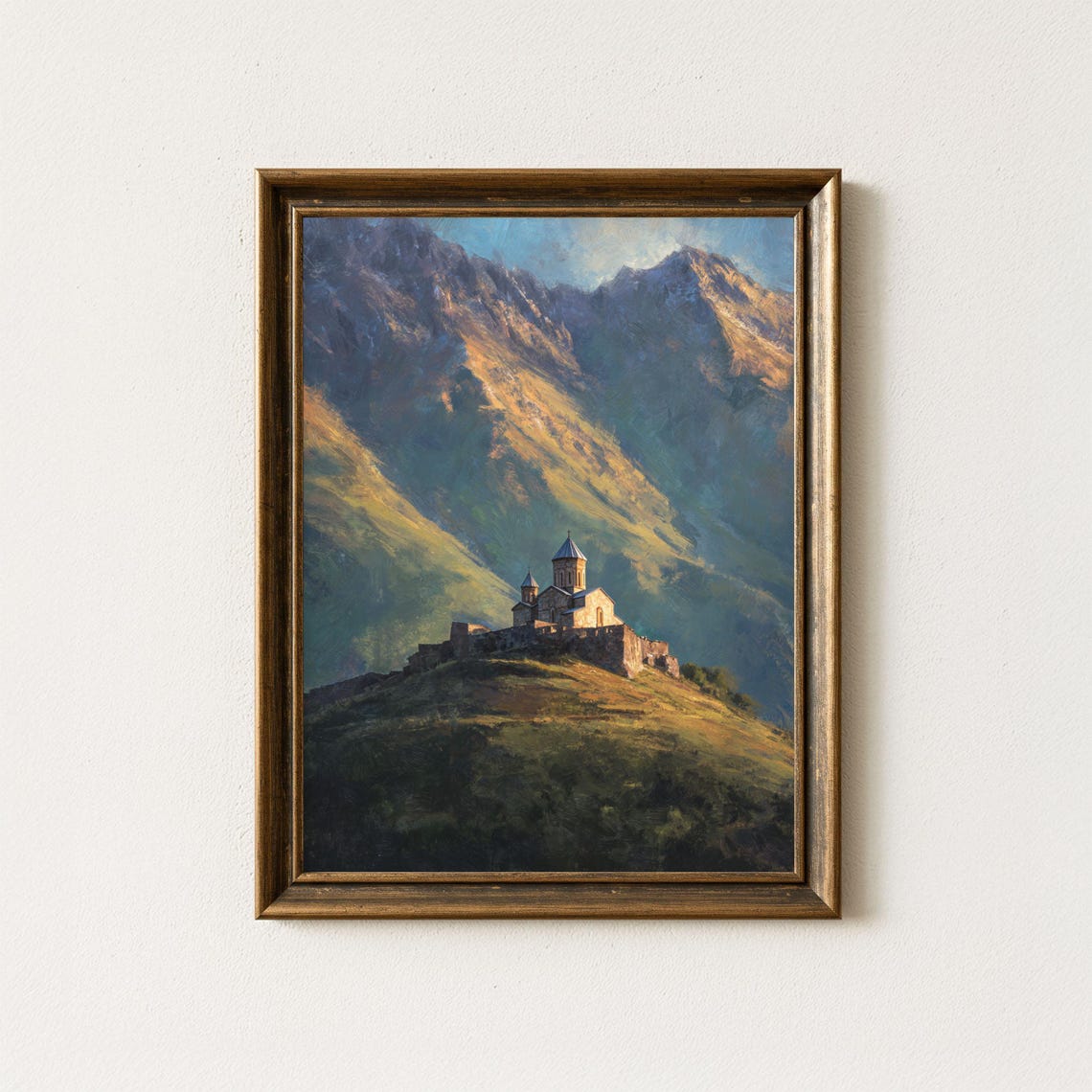 Gergeti Trinity Church Caucasus Mountain Golden Sunset Art Print