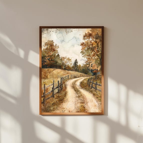 Rustic Country Road Painting Winding Dirt Path With Trees Fences Farmhouse Landscape Wall Art For Home Decor