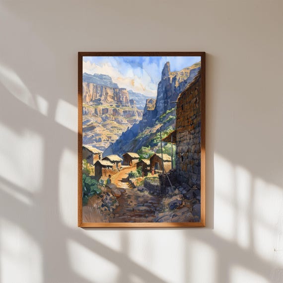 Simien Mountains Ethiopia Print African Village Watercolor Landscape