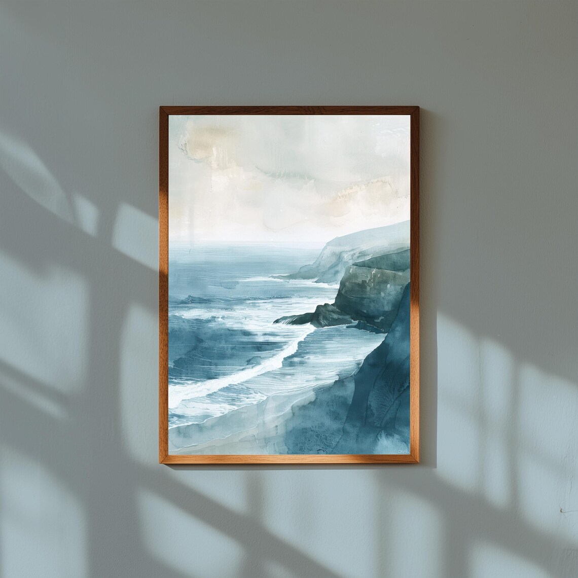 Coastal Cliff Watercolor Ocean Waves Rocky Shore Serene Art Poster