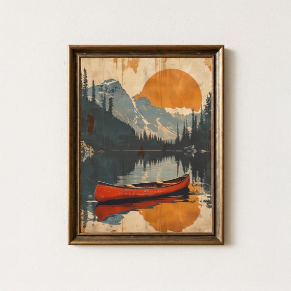 Retro Canoe Lake Print Vintage Mountain Cabin Wall Art