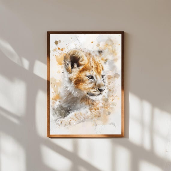 Watercolor Lion Cub Print Soft Nursery Wall Art