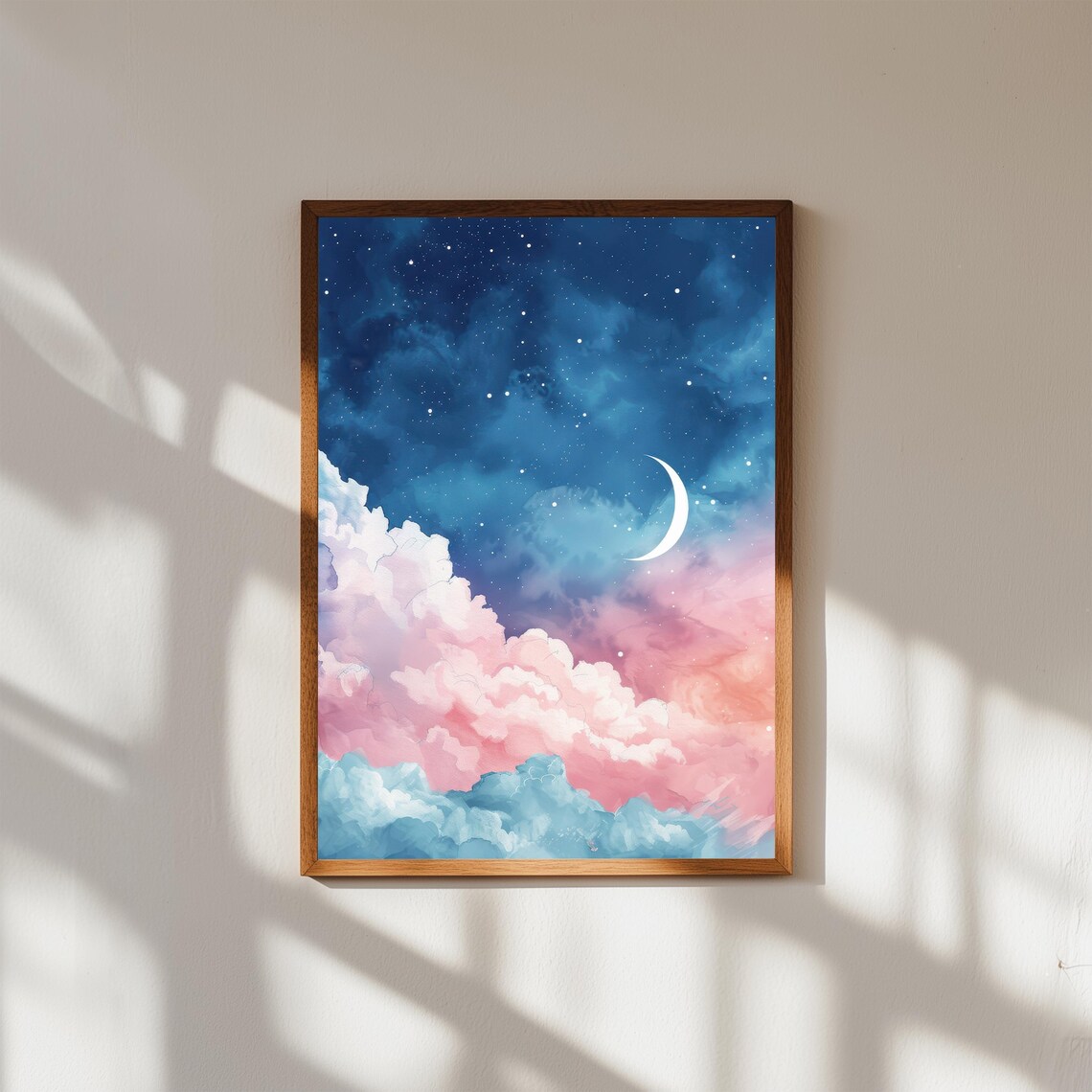 Crescent Moon In Pink And Blue Clouds Dreamy Night Sky Art Poster