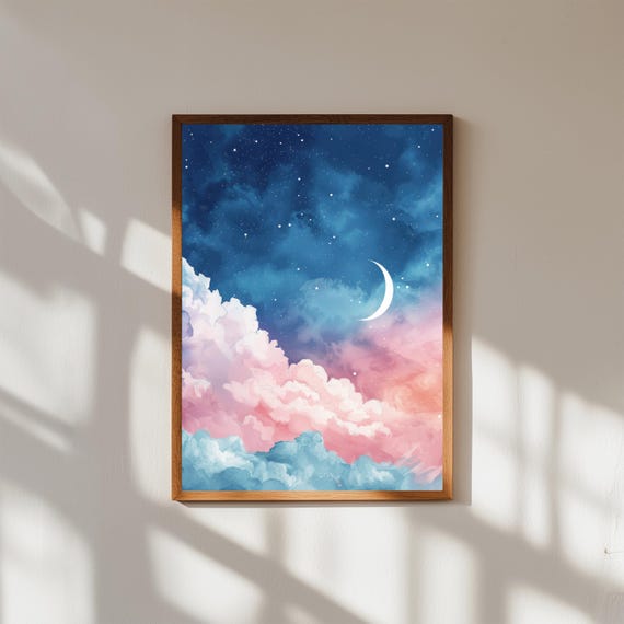 Dreamy Sky Watercolor Print Pastel Cloud Art Celestial Poster