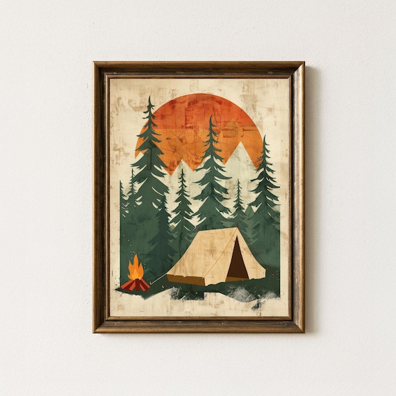 Retro Camping Tent Under Orange Sun Vintage Forest Adventure Poster
