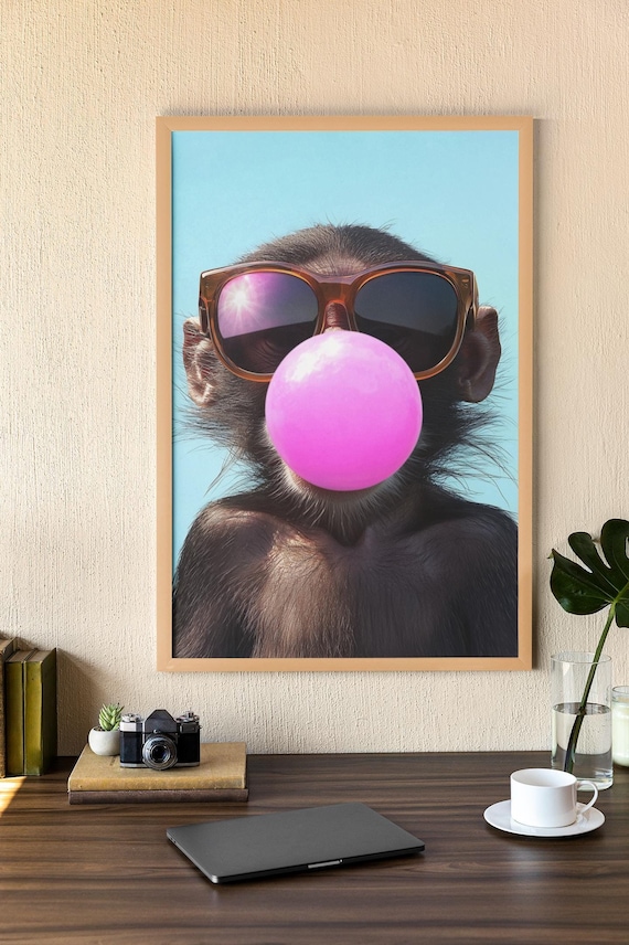 Monkey Wearing Sunglasses Blowing Pink Bubble Gum Fun Animal Wall Art Print