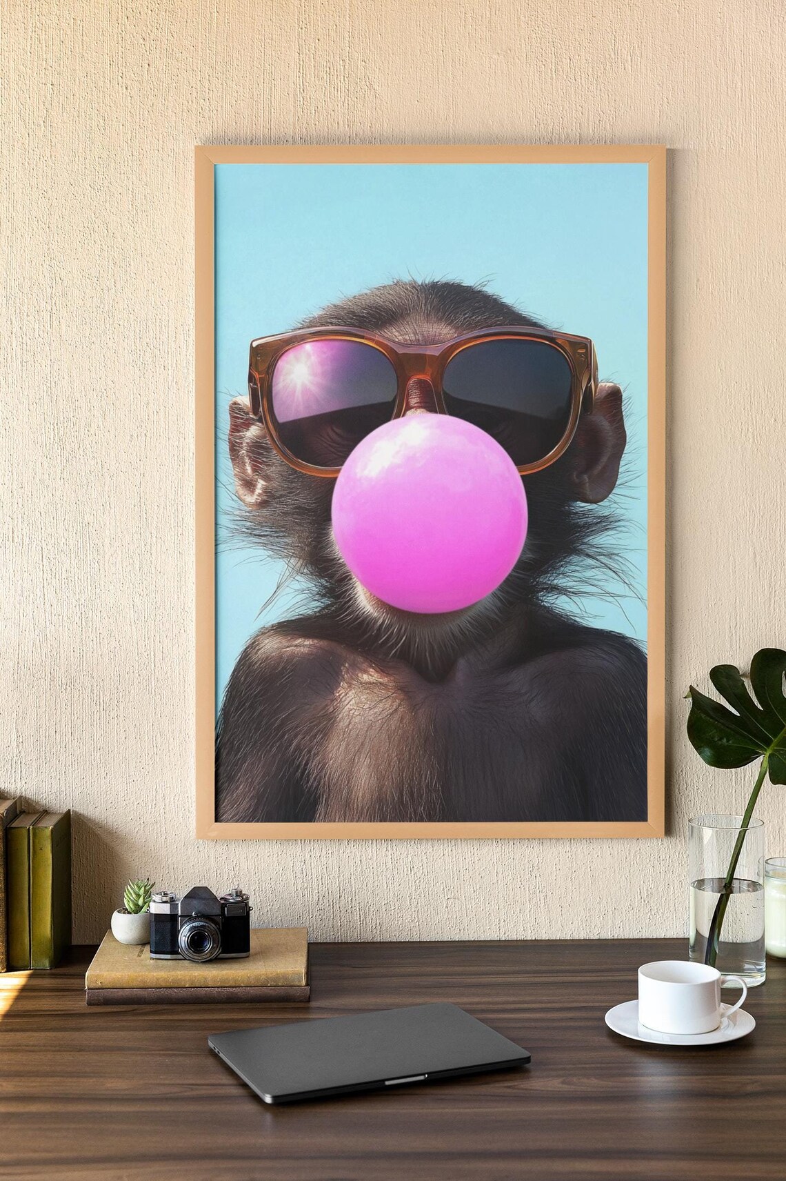 Monkey Wearing Sunglasses Blowing Pink Bubble Gum Fun Animal Wall Art Print