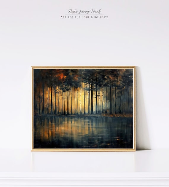 Vintage Moody Forest Landscape Oil Painting Wall Art Rustic Print Dark Tones Print Instant